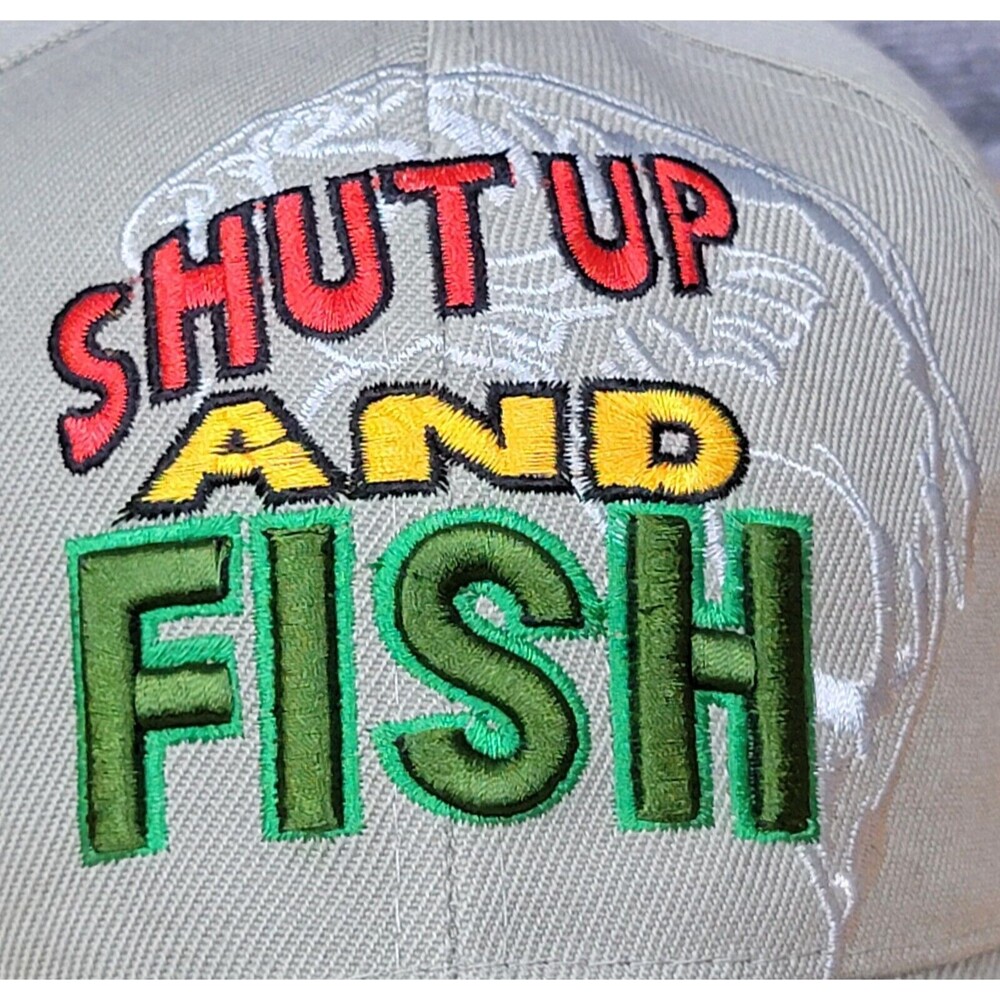 Embroidered Shut Up & Fish Fishing Hat Biege Adjustable Hook & Loop Trucker Cap - Picture 2 of 16